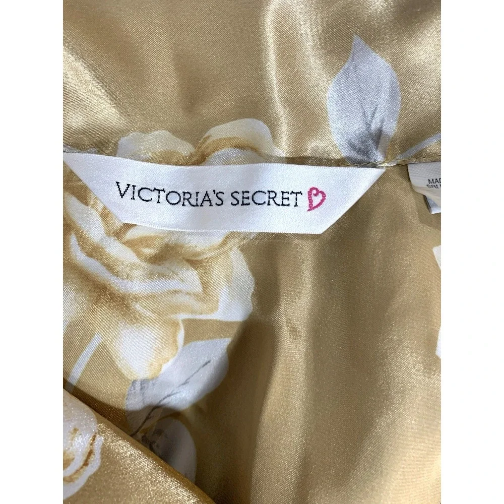 Victoria's Secret Satin NightShirt Womens Large Gold Rose Floral Sleep Nightgown